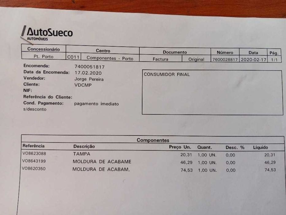 Moldura superior vidro traseiro Volvo S80