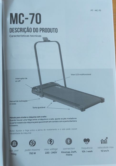 Passadeira FitFiu Fitness 750W, Veloc: 10km/h, com pega reclinável
