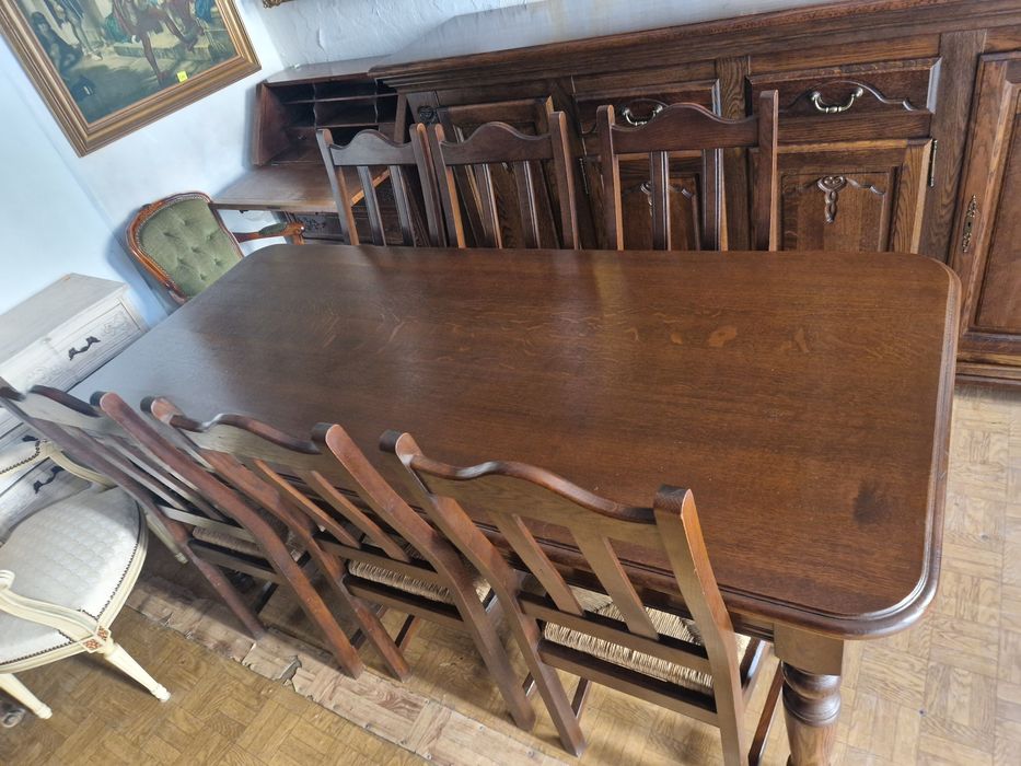 Stół dębowy lity 200x90 cm + komplet krzeseł x6