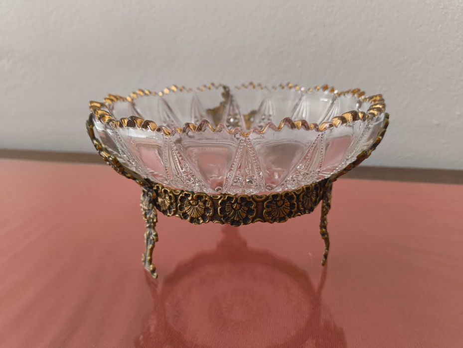 Fruteira antiga em vidro e bronze
