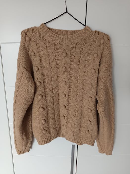 sweter beżowy z długim rękawem Zara M wytłaczany