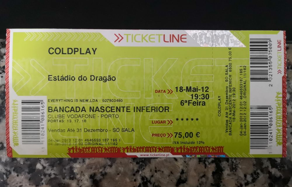 Bilhete / Ticket Coldplay | Mylo Xyloto Tour 2012 (Porto)