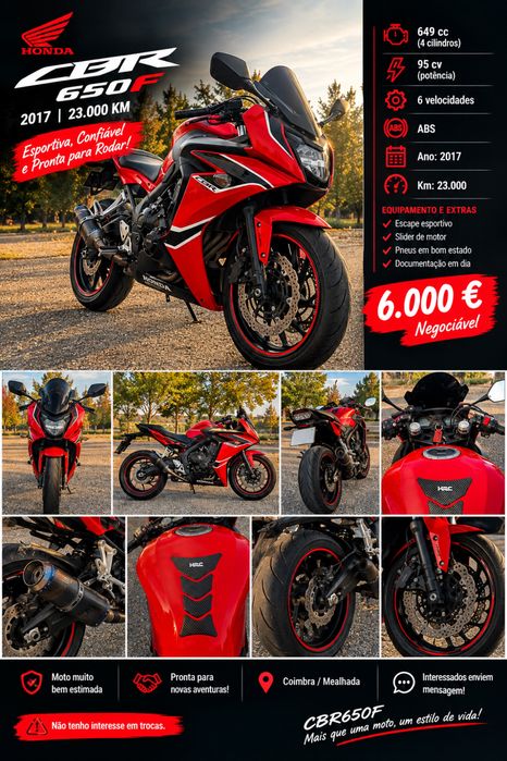 Vendo Honda CBR650F ABS, ano 2017, com apenas 23.000 km.