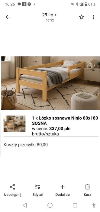 Łóżko sosnowe jak nowe 80x180cm