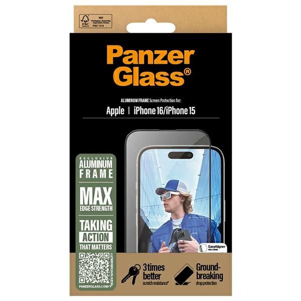 PanzerGlass Screen Protector AluminumFrame iPhone 16 / 15 6.1 Ultra-Wide Fit 2849