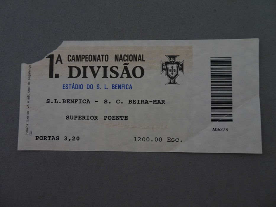 Bilhete de futebol Benfica Beira-Mar - Estádio do Benfica 1ª divisão Campeonato Nacional