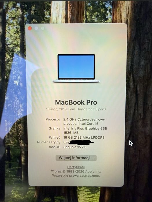 Macbook Pro 13 2019, 16GB RAM, dysk 256GB, 4 Thunder Bolt