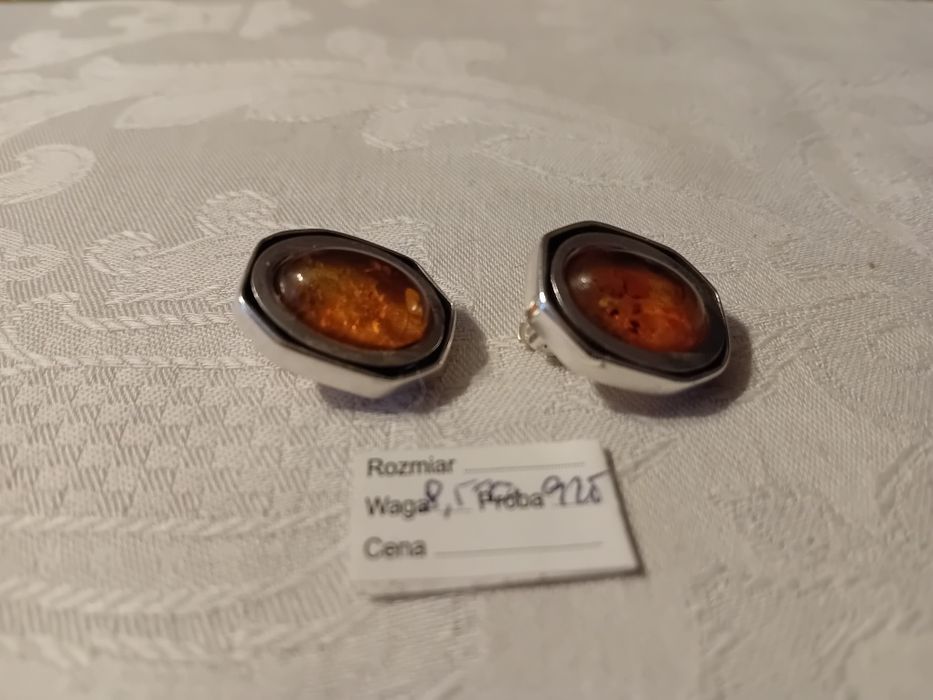 Klipsy srebrne z bursztynem lata 90.