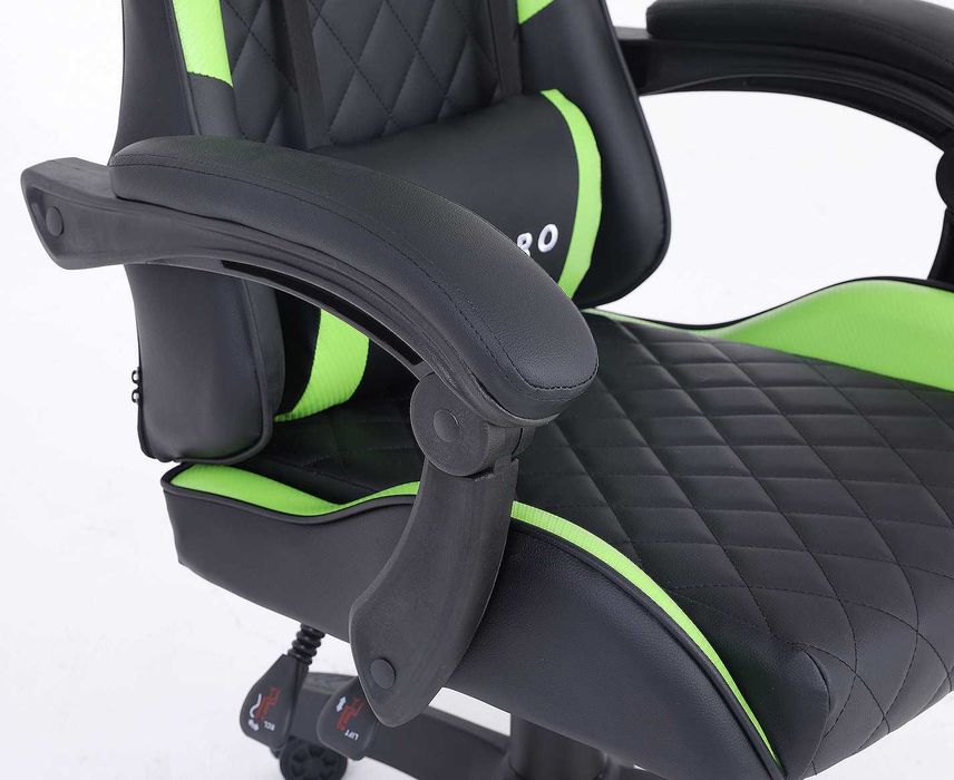 Fotel gamingowy Quattro Carbon – Wyrazista zieleń, wykończenie premium, wysuwany podnóżek i komfort klasy biznes do biura i domu.