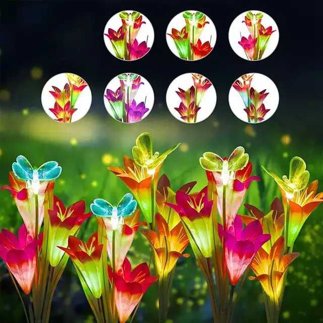 Flor de jardim com luz e painel solar estaca