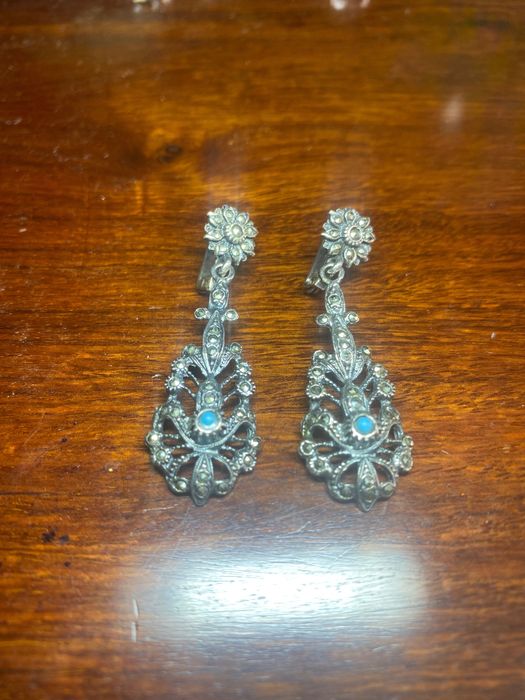 Brincos Turquesa Prata portuguesa contrastada 835 Antigos 4,3 cm