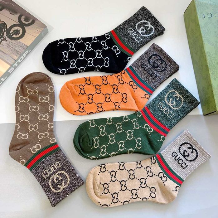 (5 pares) Meias compridas estilo novo Gucci tecido de algodão puro