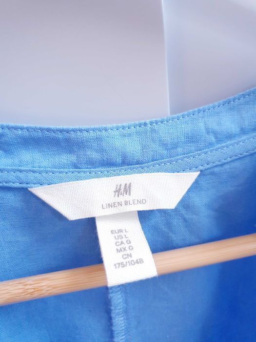 Niebieska lniana bluzka tunika sukienka H&M 44 46