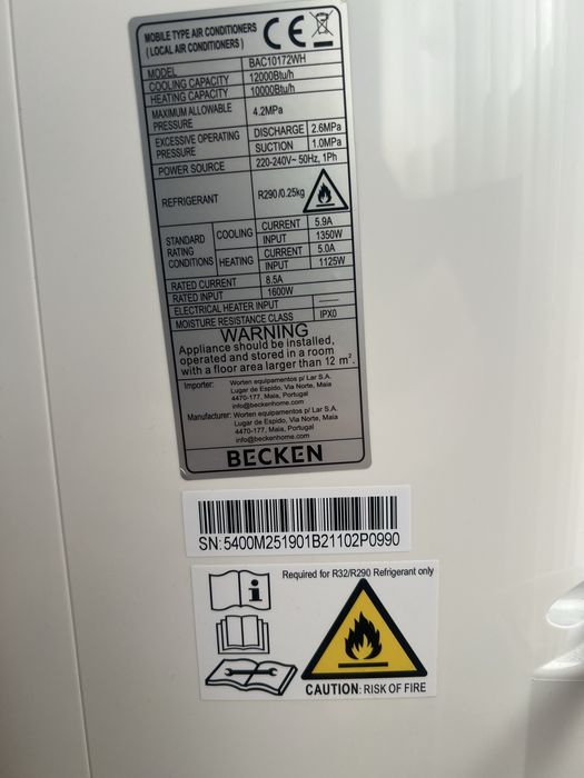 Ar Condicionado Portátil BECKEN BAC10172WH (24 m2 - 12000 BTUs - Branco)