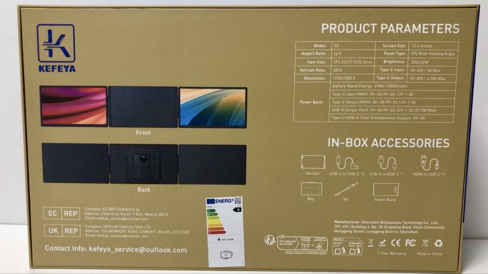 Портативний Монітор для ноутбука з зарядним 10000 мАг KEFEYA s5 15.6"