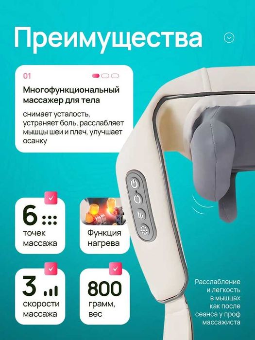 Массажер Шиацу для шеи и плеч с подогревом, ударный, аккумуляторный