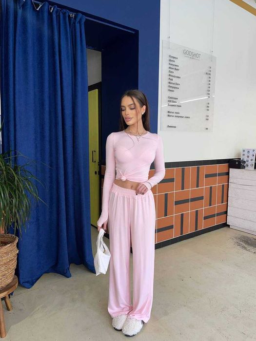 4 кольори 2в1 костюм з віскози: лонгслів з пальчиком + штани палаццо