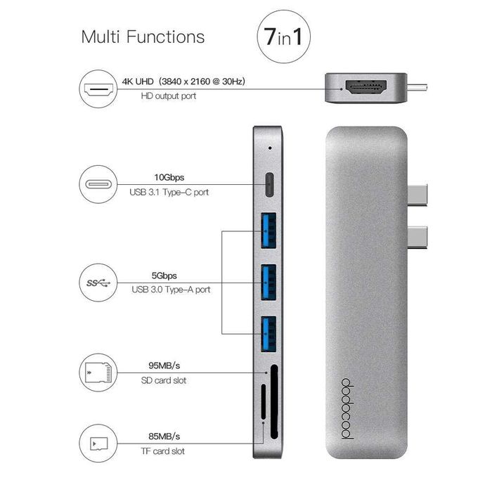 Dodocool DC53GY-1 Hub 7w1 USB-C HDMI 4K SD Macbook
