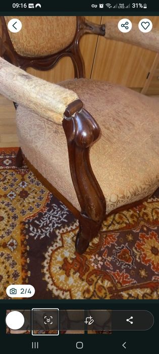 Fotel stylowy drewniany owalne oparcie – beżowy gobelin