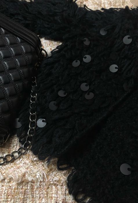 Кардиган в'язаний пухнастий паєтки пайетки чорний святковий кофта
