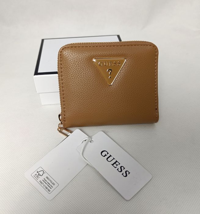 Guess Portfelik Damski Brązowy Skóra Licowa z Logo GUESS Nowy 12x11 cm