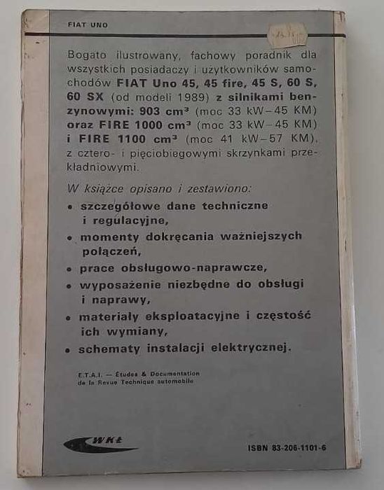 FIAT UNO 45, FIRE, 60, SX – Poradnik napraw WKŁ (1994)