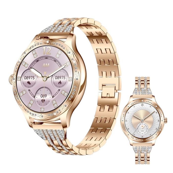 Elegancki Smartwatch damski złoty cyrkonie rozmowy IPhone Android