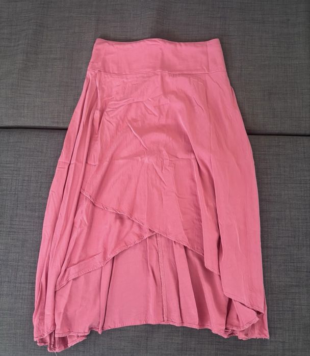 Saia Longa Midi Rosa Coral Cintura Elástico Franzida Assimétrica - Boho Verão