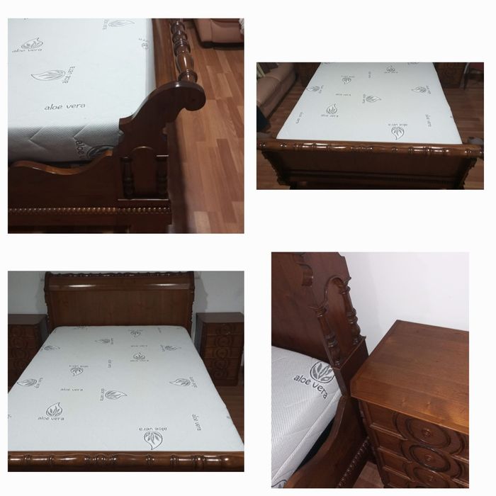 Cama, mesas cabeceira e cadeira