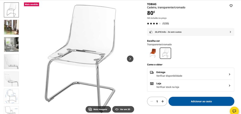 Cadeira transparente/cromado Tobias Ikea 4 Unidades