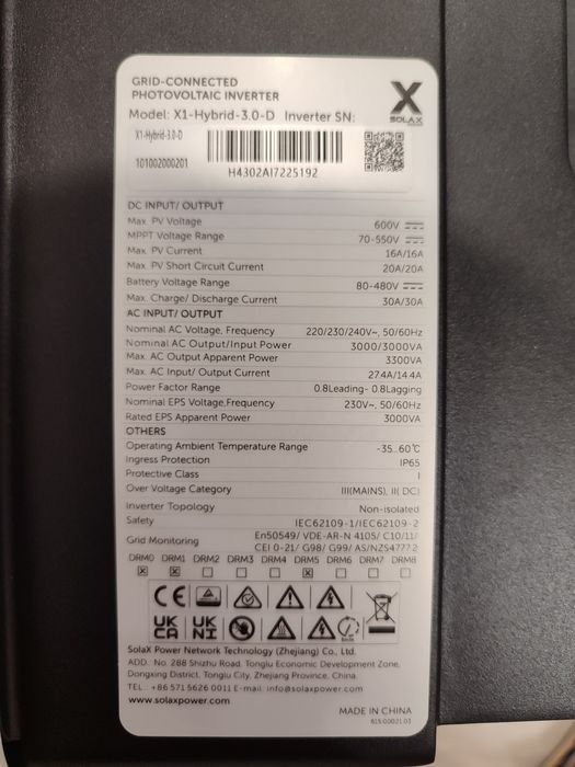 Гібридний Інвертор SolaX X1-Hybrid G4-3.0-D (3 кВт).Високовольтний.