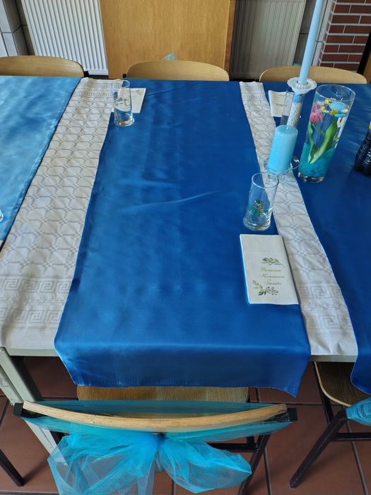 Nowy niebieski bieżnik na stół komunia, chrzest, ślub