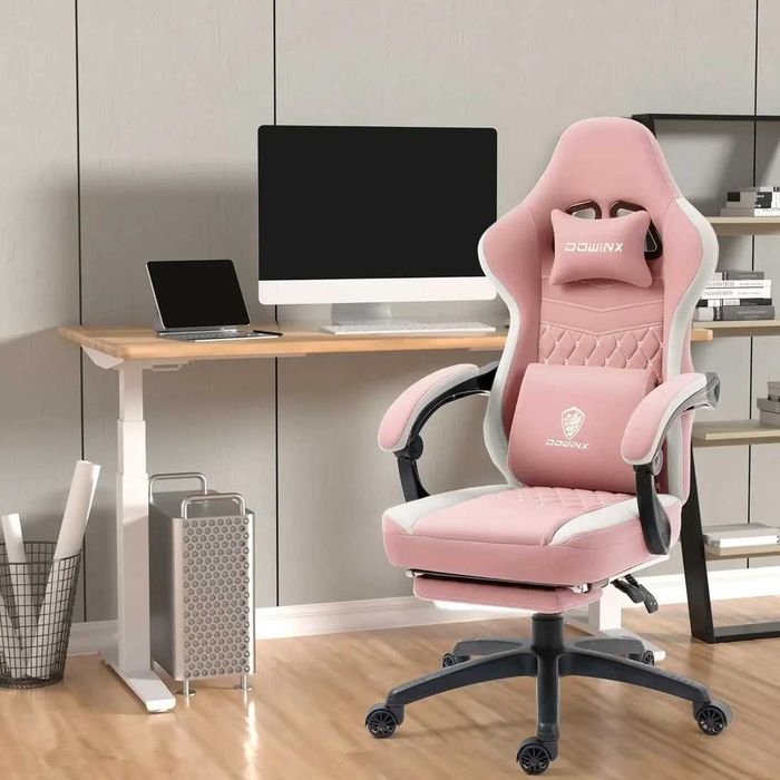 Fotel gamingowy z masażerem różowy fotel obotowy ergonomiczny Dowinx