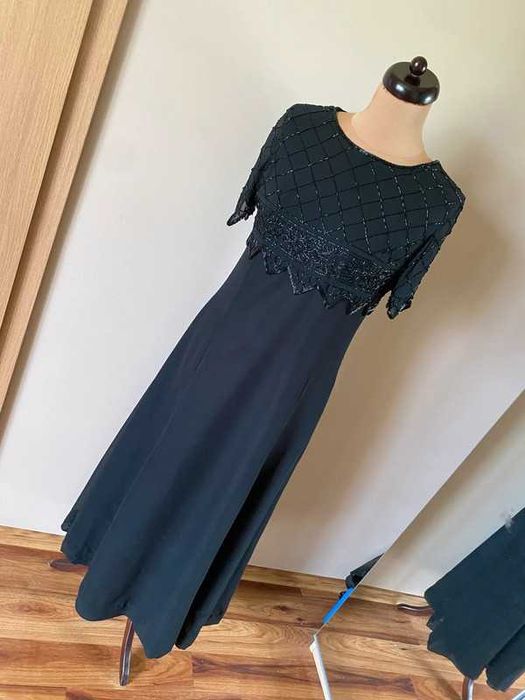 warstwowa dluga suknia maxi bolero wyszywane koraliki xl 42 40