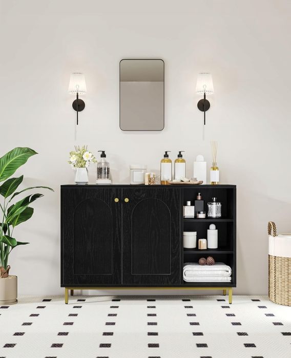 Szafka stojąca komoda kredens 100cm Pojemna GLAMOUR Czarna złote nóżki