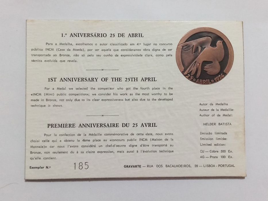 Filo-Medalhística - 1º aniversário do Movimento 25 de Abril