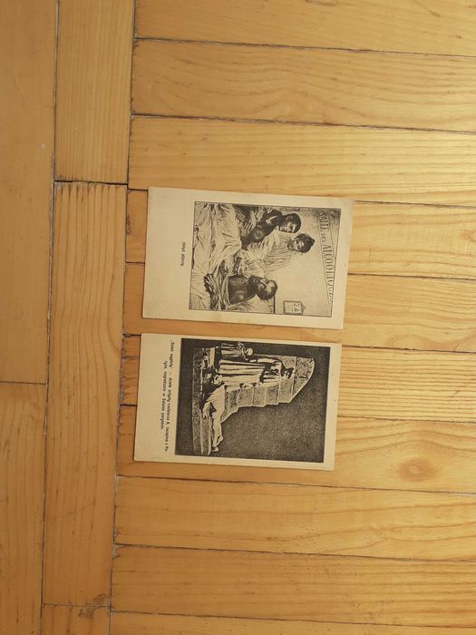pocztówki kolekcjonerskie  ; dwie pocztówki z lat 1925 do 1935  " obłęd pijaczy " i " dzień wypłaty " .
