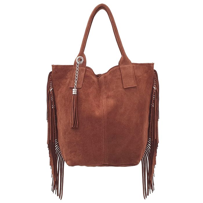 VERA PELLE torebka damska zamszowa shopper z frędzlami V460 brązowa