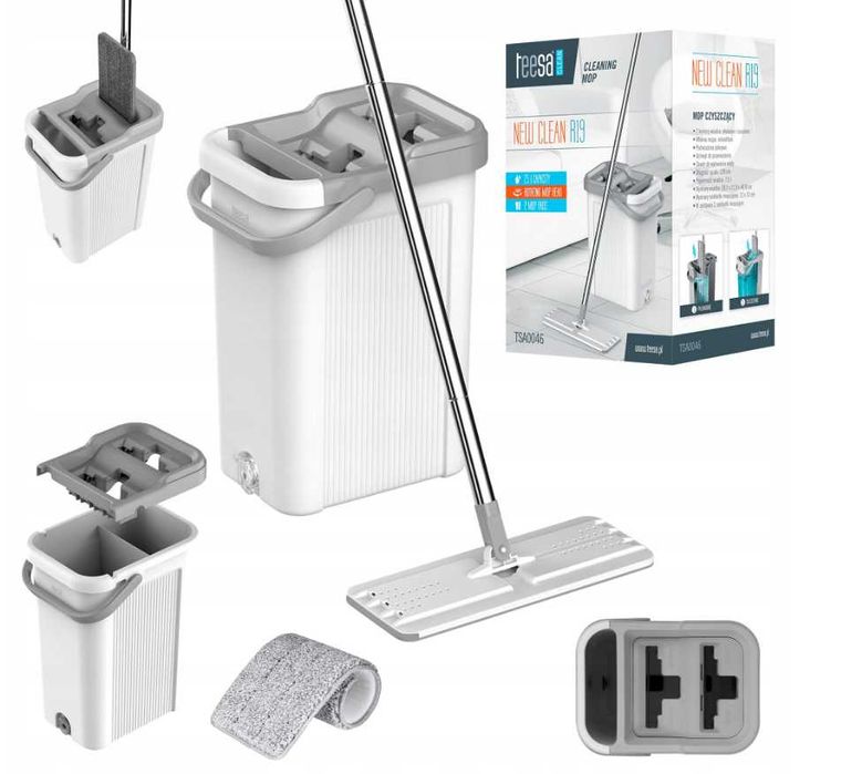 Teesa mop dwukomorowy płaski 7,5L mikrofibra ZESTAW system PŁUKANIA fv