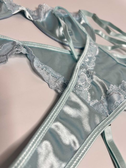 Bielizna erotyczna damska, komplet bielizny, satyna, błękitny L