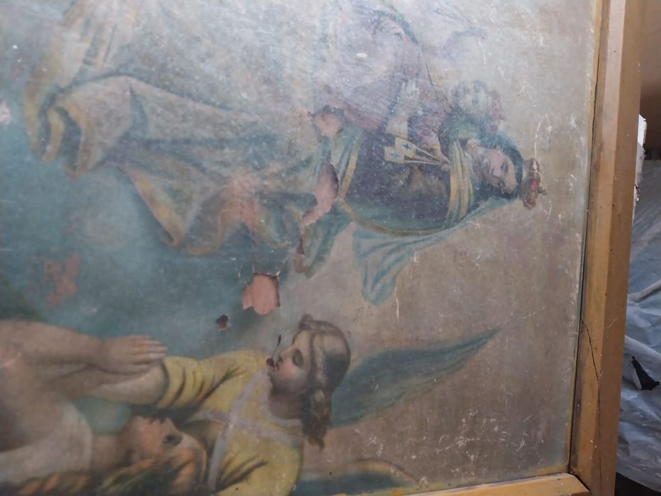 Dewocjonalia zniszczony duży obraz przedwojenny czyściec piekło Maryja