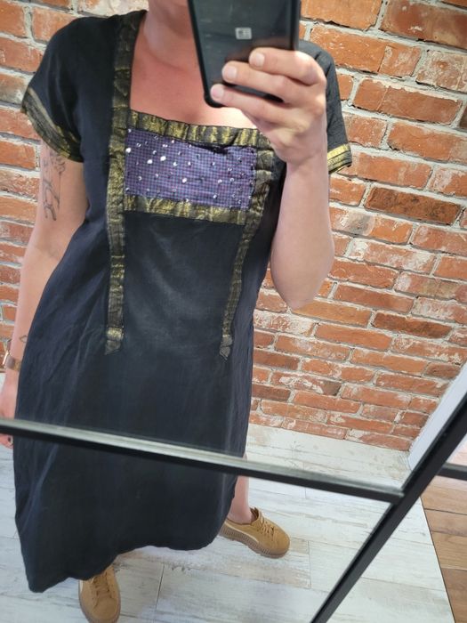 Długa czarna koszula boho handmade