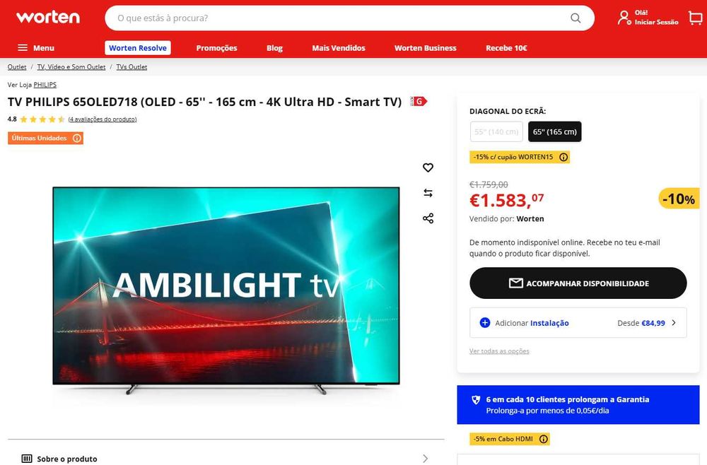 TV 65'" OLED  - 165 cm -PHILIPS 65OLED718 4K Ultra HD - Smart TV)