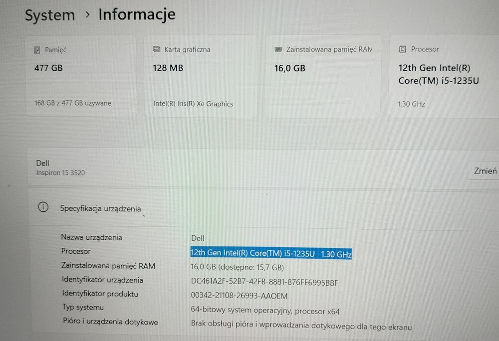 Dell Inspiron 3520 15,6"/i5/16GB/512GB/Win11