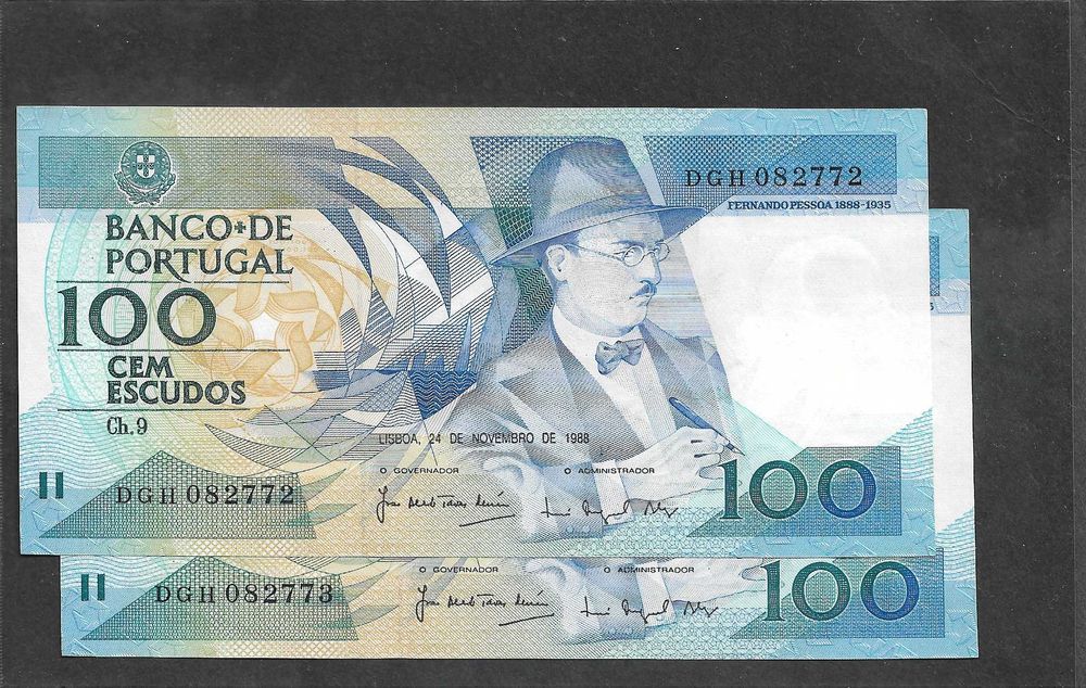 Duas notas de 100 escudos - F. Pessoa (nºs seguidos)