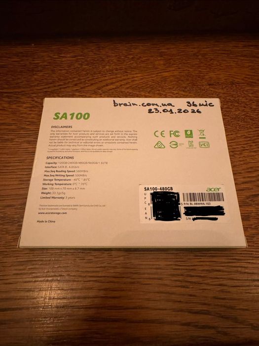 Накопичувач SSD Acer SA100 480GB SATA III 6Gb/s. Новий. Гарантія.