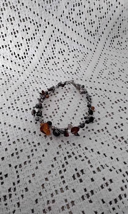 Srebrna bransoletka 925 perly bursztyny