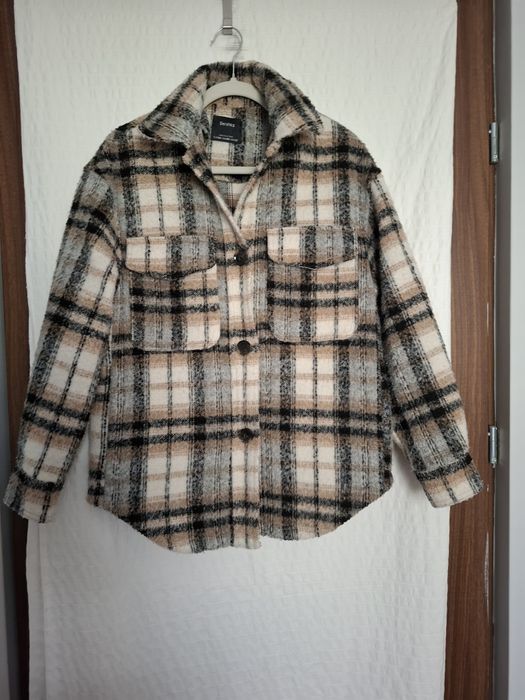 Bershka ciepła koszula beż brąz czarny oversize jesień wiosna roz. XS