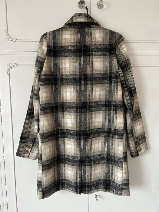 Płaszcz w krate XS/S oversize nad kolano dwurzędowy beżowy czarny