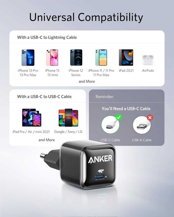 Зарядний пристрій Anker 511 20W PIQ 3.0, А2637, чорний